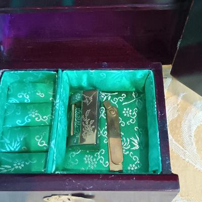 LOT 46: Signed Fukagawa Porcelain Plum Vase with Vintage Chinese Rosewood and Jadeite Accented Jewelry Box & Pimpernel Coasters