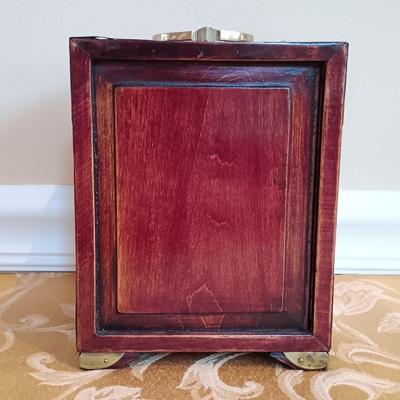 LOT 46: Signed Fukagawa Porcelain Plum Vase with Vintage Chinese Rosewood and Jadeite Accented Jewelry Box & Pimpernel Coasters