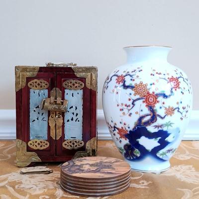 LOT 46: Signed Fukagawa Porcelain Plum Vase with Vintage Chinese Rosewood and Jadeite Accented Jewelry Box & Pimpernel Coasters