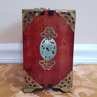 LOT 46: Signed Fukagawa Porcelain Plum Vase with Vintage Chinese Rosewood and Jadeite Accented Jewelry Box & Pimpernel Coasters