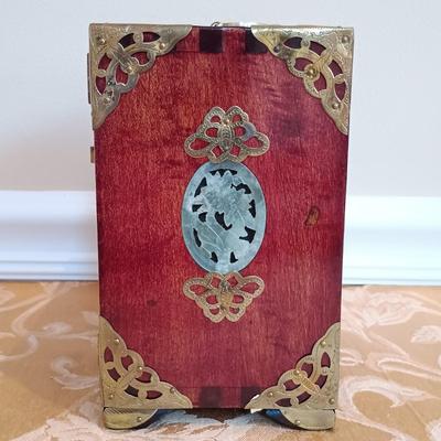 LOT 46: Signed Fukagawa Porcelain Plum Vase with Vintage Chinese Rosewood and Jadeite Accented Jewelry Box & Pimpernel Coasters