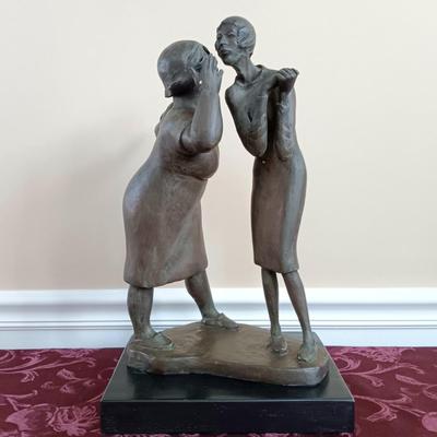 LOT 47: 'The Gossipers' Signed Chalkware Statue on Wood Base