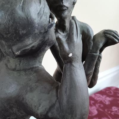 LOT 47: 'The Gossipers' Signed Chalkware Statue on Wood Base