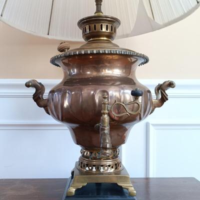 LOT 54: Antique Copper and Brass Samovar Lamp with Stacking Side Table