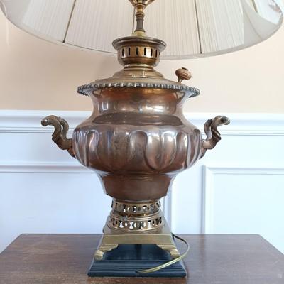LOT 54: Antique Copper and Brass Samovar Lamp with Stacking Side Table