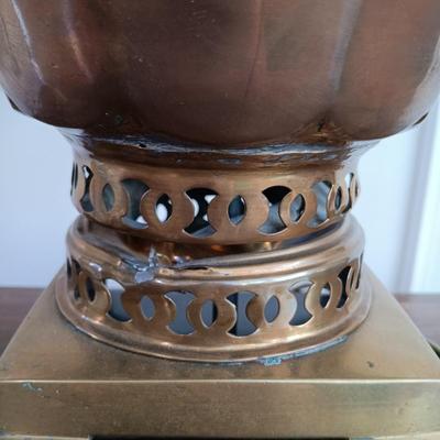 LOT 54: Antique Copper and Brass Samovar Lamp with Stacking Side Table
