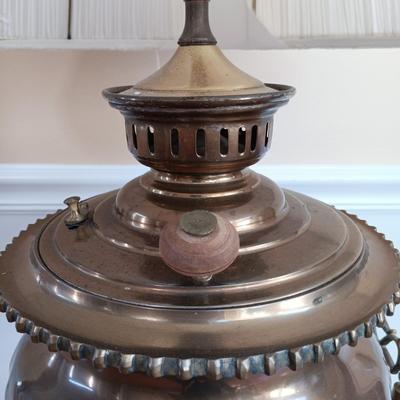 LOT 54: Antique Copper and Brass Samovar Lamp with Stacking Side Table