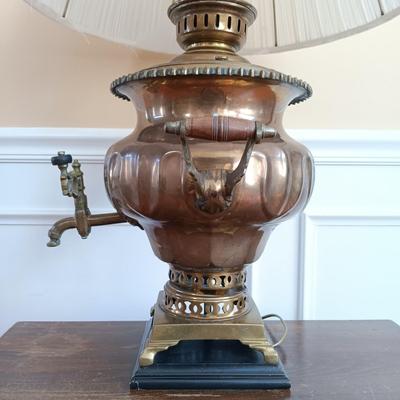LOT 54: Antique Copper and Brass Samovar Lamp with Stacking Side Table