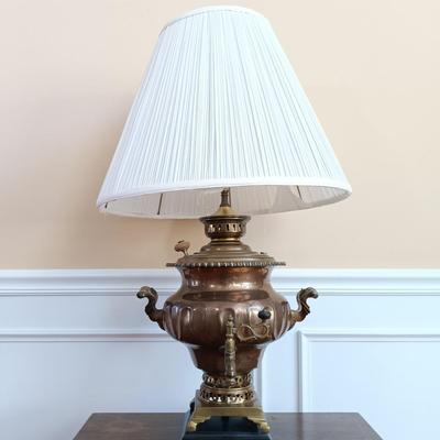 LOT 54: Antique Copper and Brass Samovar Lamp with Stacking Side Table