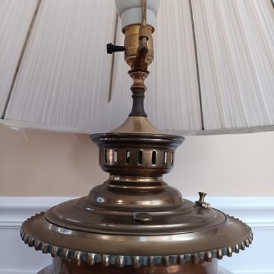LOT 54: Antique Copper and Brass Samovar Lamp with Stacking Side Table
