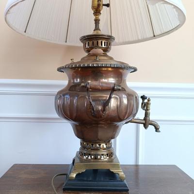 LOT 54: Antique Copper and Brass Samovar Lamp with Stacking Side Table