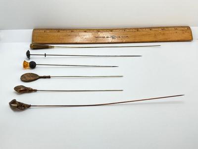 LOT 68: Vintage Hat Pin Collection with Etched Crystal Vase