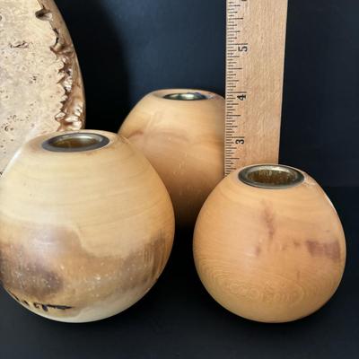 LOT 83: Warren Vienneau Burl Wood Vase & Spinning Aspen Studios Handcrafted Solid Wood Candle Holders