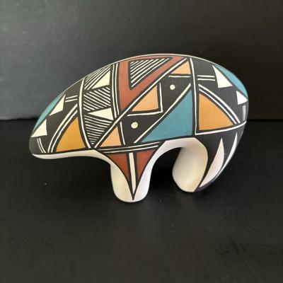 LOT 84: Lawrence Chavez Pueblo Pottery Bear Moon, Stars & Claw Figure, Acoma Pueblo Pottery Bear Figure & Vintage Native Amercian...