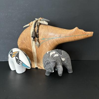 LOT 84: Lawrence Chavez Pueblo Pottery Bear Moon, Stars & Claw Figure, Acoma Pueblo Pottery Bear Figure & Vintage Native Amercian...