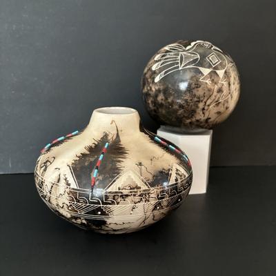 LOT 85: Acoma Pueblo Etched Horsehair Pottery Vase, Gary Yellow Corn 2007 & Navajo Horsehair Pottery Vase w/Turquoise Accents, Vail