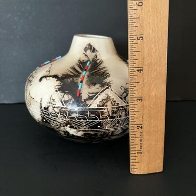 LOT 85: Acoma Pueblo Etched Horsehair Pottery Vase, Gary Yellow Corn 2007 & Navajo Horsehair Pottery Vase w/Turquoise Accents, Vail