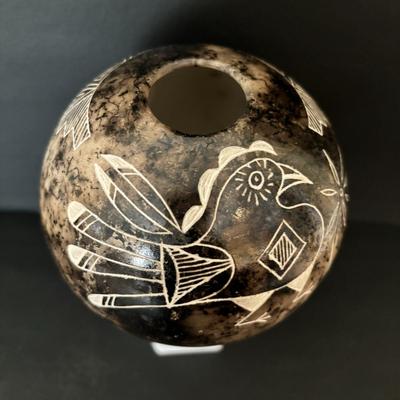 LOT 85: Acoma Pueblo Etched Horsehair Pottery Vase, Gary Yellow Corn 2007 & Navajo Horsehair Pottery Vase w/Turquoise Accents, Vail