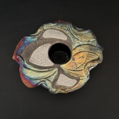 LOT 87: Raku Art Studio Pottery Floral Vasen w/Flower Frog along with Raku Square & Heart Spirit Shaker Rattles