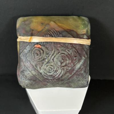 LOT 87: Raku Art Studio Pottery Floral Vasen w/Flower Frog along with Raku Square & Heart Spirit Shaker Rattles