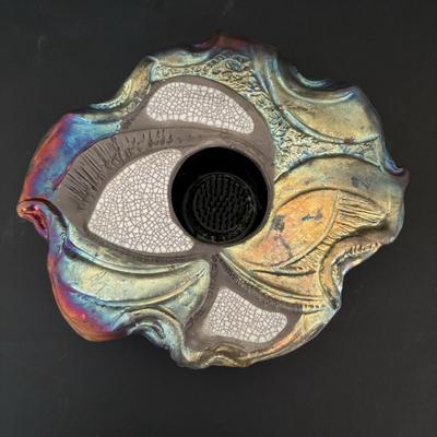 LOT 87: Raku Art Studio Pottery Floral Vasen w/Flower Frog along with Raku Square & Heart Spirit Shaker Rattles