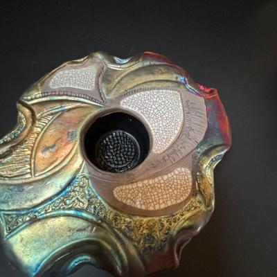 LOT 87: Raku Art Studio Pottery Floral Vasen w/Flower Frog along with Raku Square & Heart Spirit Shaker Rattles