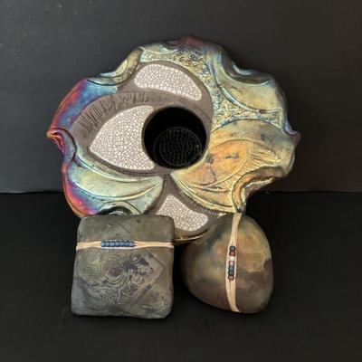 LOT 87: Raku Art Studio Pottery Floral Vasen w/Flower Frog along with Raku Square & Heart Spirit Shaker Rattles