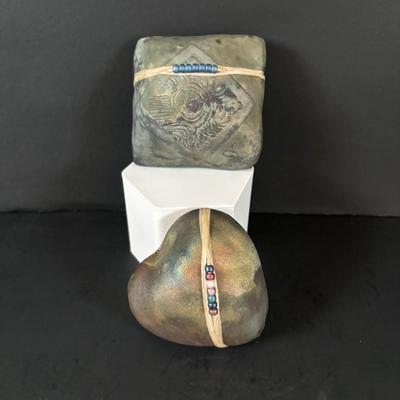 LOT 87: Raku Art Studio Pottery Floral Vasen w/Flower Frog along with Raku Square & Heart Spirit Shaker Rattles