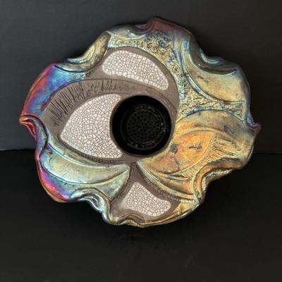 LOT 87: Raku Art Studio Pottery Floral Vasen w/Flower Frog along with Raku Square & Heart Spirit Shaker Rattles