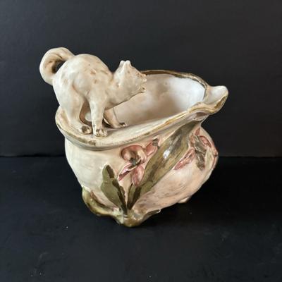 LOT 88: Raku Art Studio Pottery Flat Cat Figures, Raku Picture Frames, Cat Pottery Planters, Card/Picture Holder & Pottery Tray