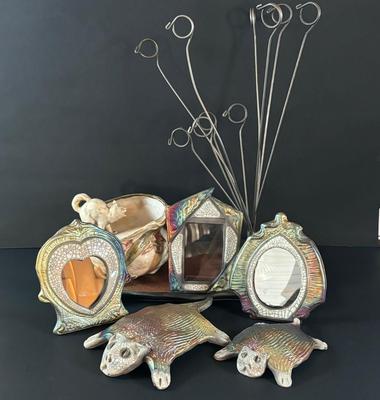 LOT 88: Raku Art Studio Pottery Flat Cat Figures, Raku Picture Frames, Cat Pottery Planters, Card/Picture Holder & Pottery Tray
