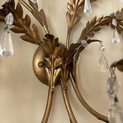 LOT 89: Pair of Matching Ornate Electric Candelabra Wall Sconces w/Crystals