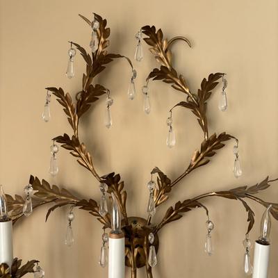 LOT 89: Pair of Matching Ornate Electric Candelabra Wall Sconces w/Crystals