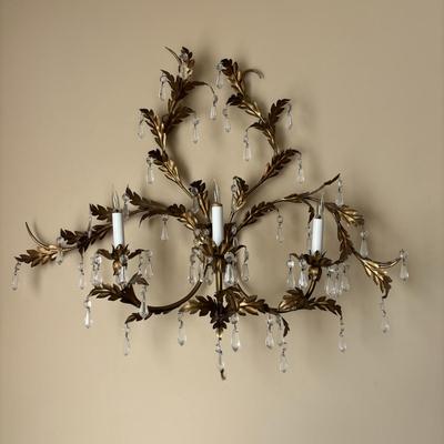 LOT 89: Pair of Matching Ornate Electric Candelabra Wall Sconces w/Crystals