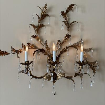 LOT 89: Pair of Matching Ornate Electric Candelabra Wall Sconces w/Crystals