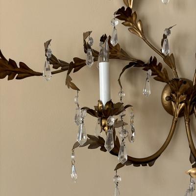 LOT 89: Pair of Matching Ornate Electric Candelabra Wall Sconces w/Crystals