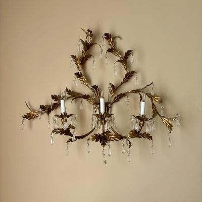 LOT 89: Pair of Matching Ornate Electric Candelabra Wall Sconces w/Crystals