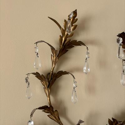 LOT 89: Pair of Matching Ornate Electric Candelabra Wall Sconces w/Crystals