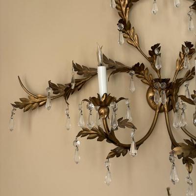 LOT 89: Pair of Matching Ornate Electric Candelabra Wall Sconces w/Crystals
