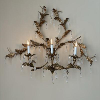 LOT 89: Pair of Matching Ornate Electric Candelabra Wall Sconces w/Crystals