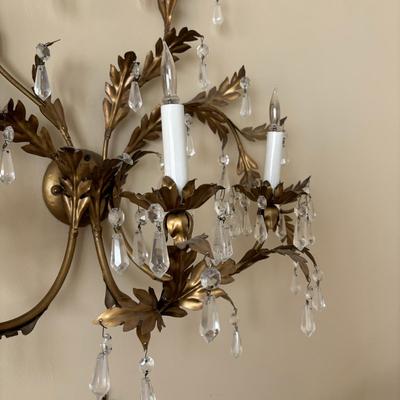 LOT 89: Pair of Matching Ornate Electric Candelabra Wall Sconces w/Crystals