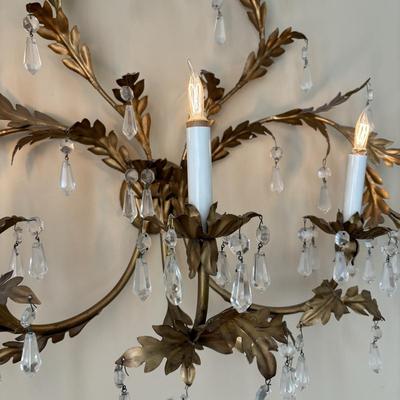 LOT 89: Pair of Matching Ornate Electric Candelabra Wall Sconces w/Crystals