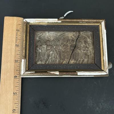 LOT 95: 19th Century Framed Velvet Fabric Fragment and Judaica Relief Art