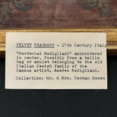 LOT 95: 19th Century Framed Velvet Fabric Fragment and Judaica Relief Art