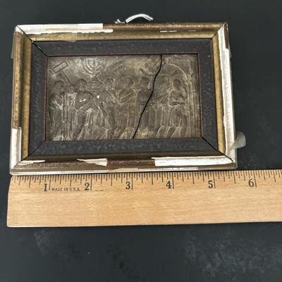 LOT 95: 19th Century Framed Velvet Fabric Fragment and Judaica Relief Art