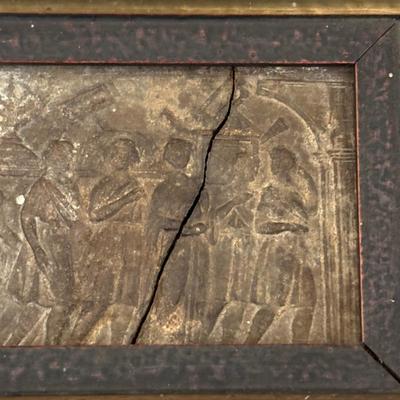 LOT 95: 19th Century Framed Velvet Fabric Fragment and Judaica Relief Art