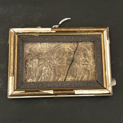 LOT 95: 19th Century Framed Velvet Fabric Fragment and Judaica Relief Art