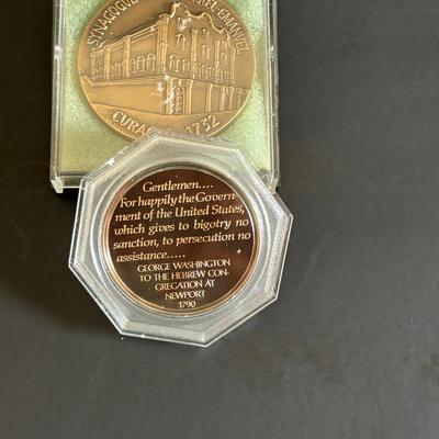 LOT 97: Copper Judaica Relief Art, Adam & Eve Relief Art & Synagogue Coins