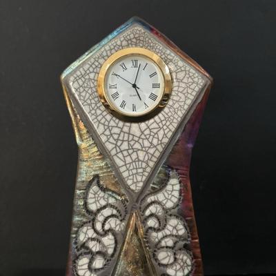 LOT 98: Raku Art Studio Pottery Collection: Picture Frames, Floral Vase w/Flower Frog & Clock Tower