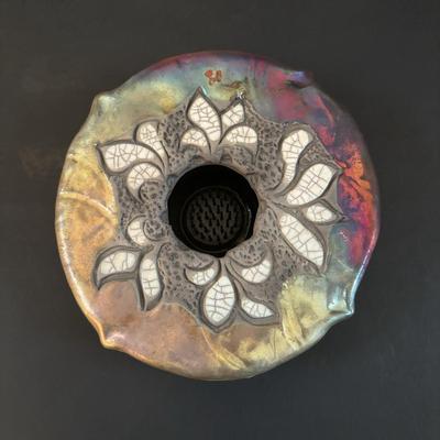 LOT 98: Raku Art Studio Pottery Collection: Picture Frames, Floral Vase w/Flower Frog & Clock Tower